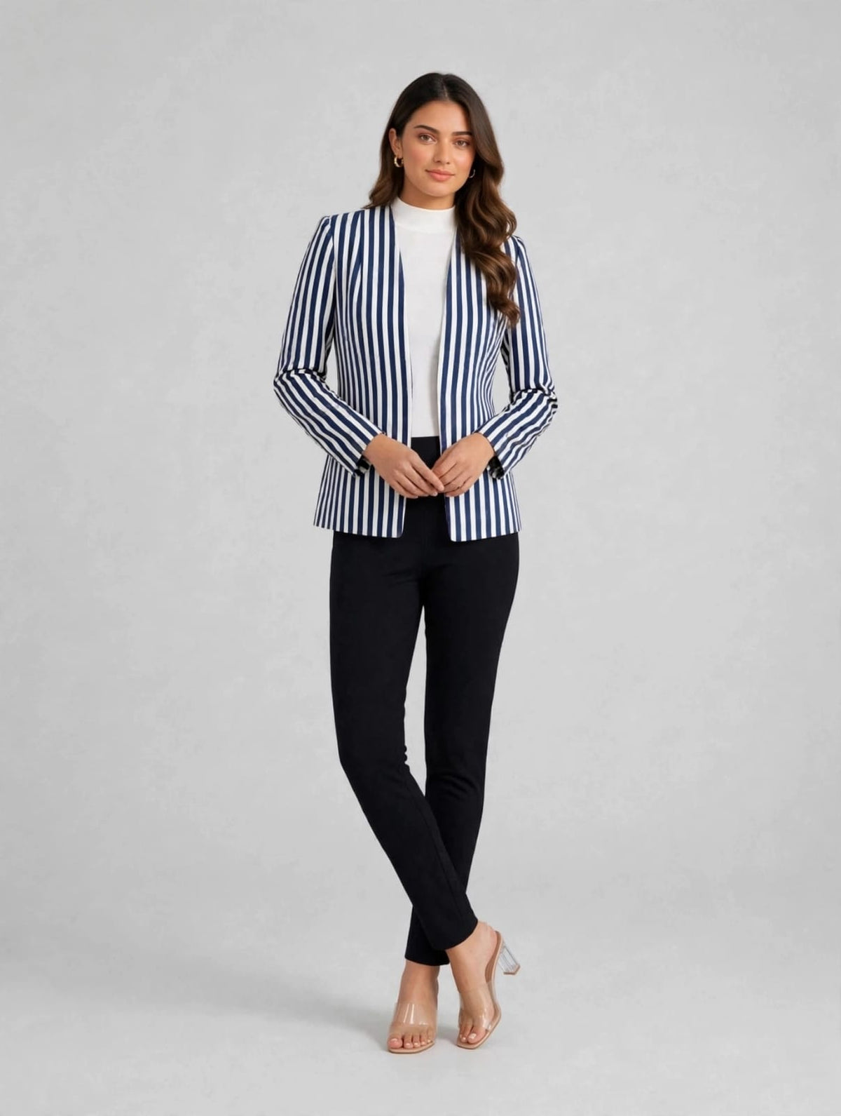 Women's White & Navy Stripe Power Blazer