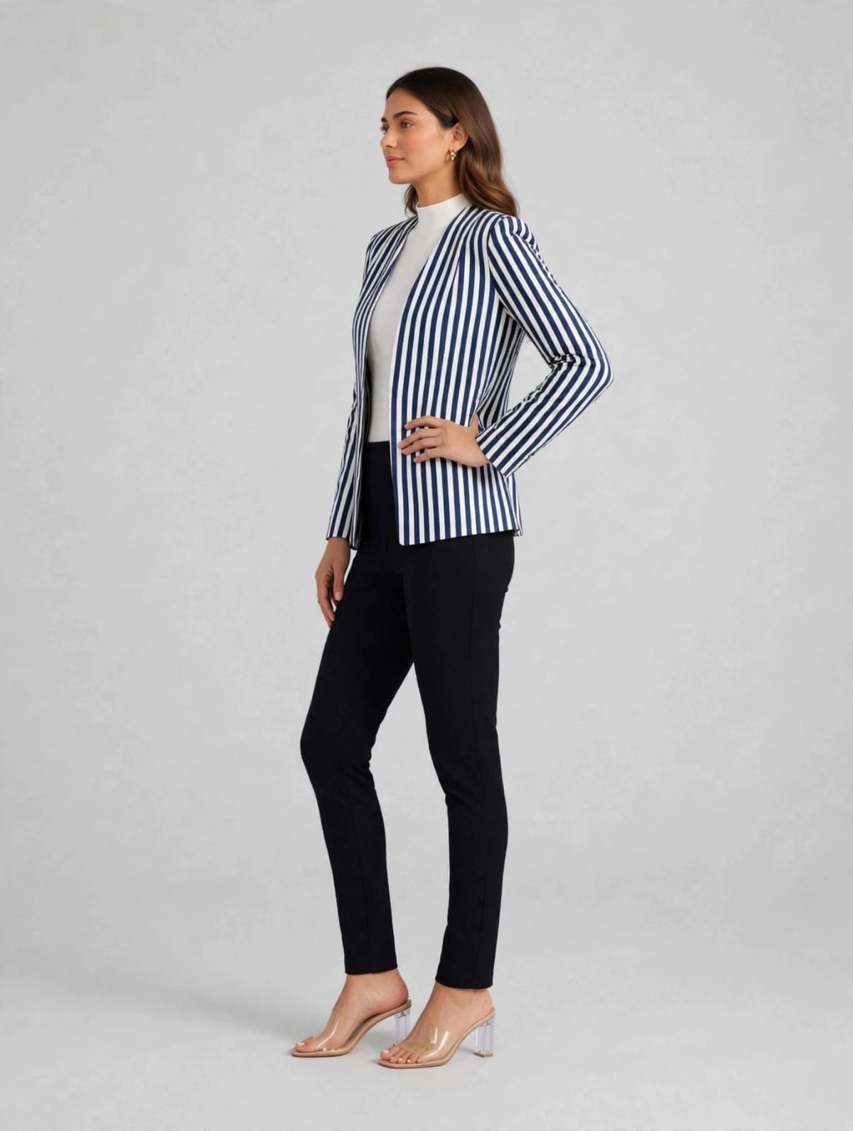 Women's White & Navy Stripe Power Blazer