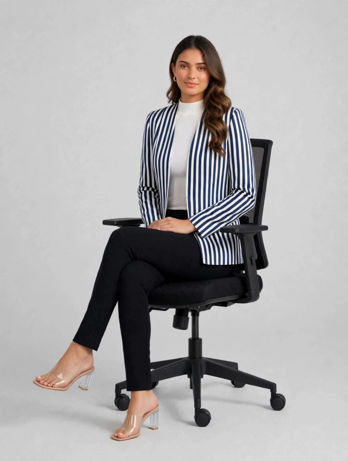 Women's White & Navy Stripe Power Blazer
