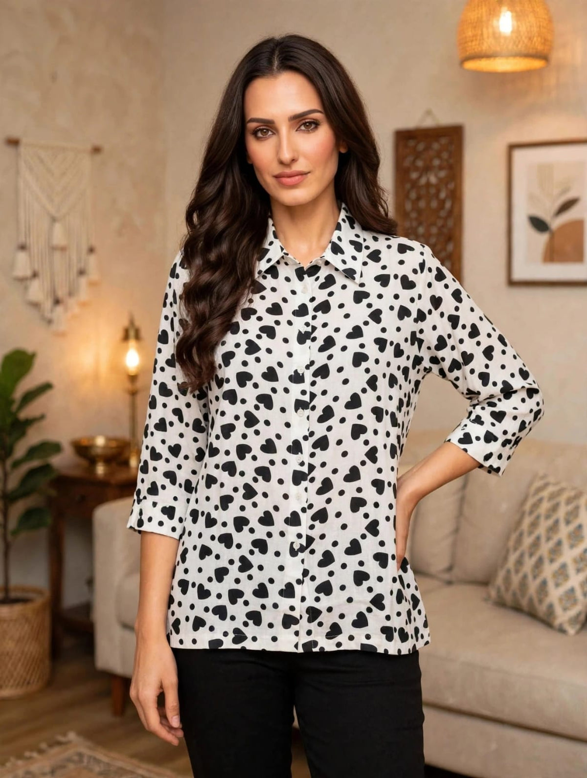 Women’s Casual Printed Shirt- White & Black