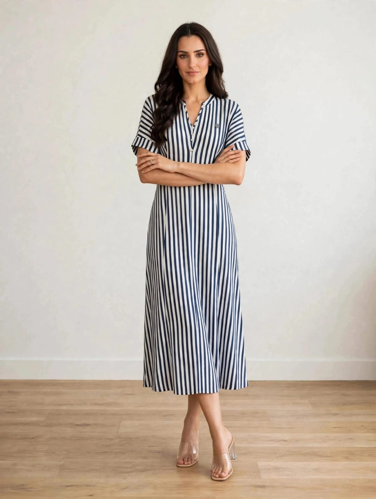 women’s White&  Navy Striped Polo Knit Midi Dress