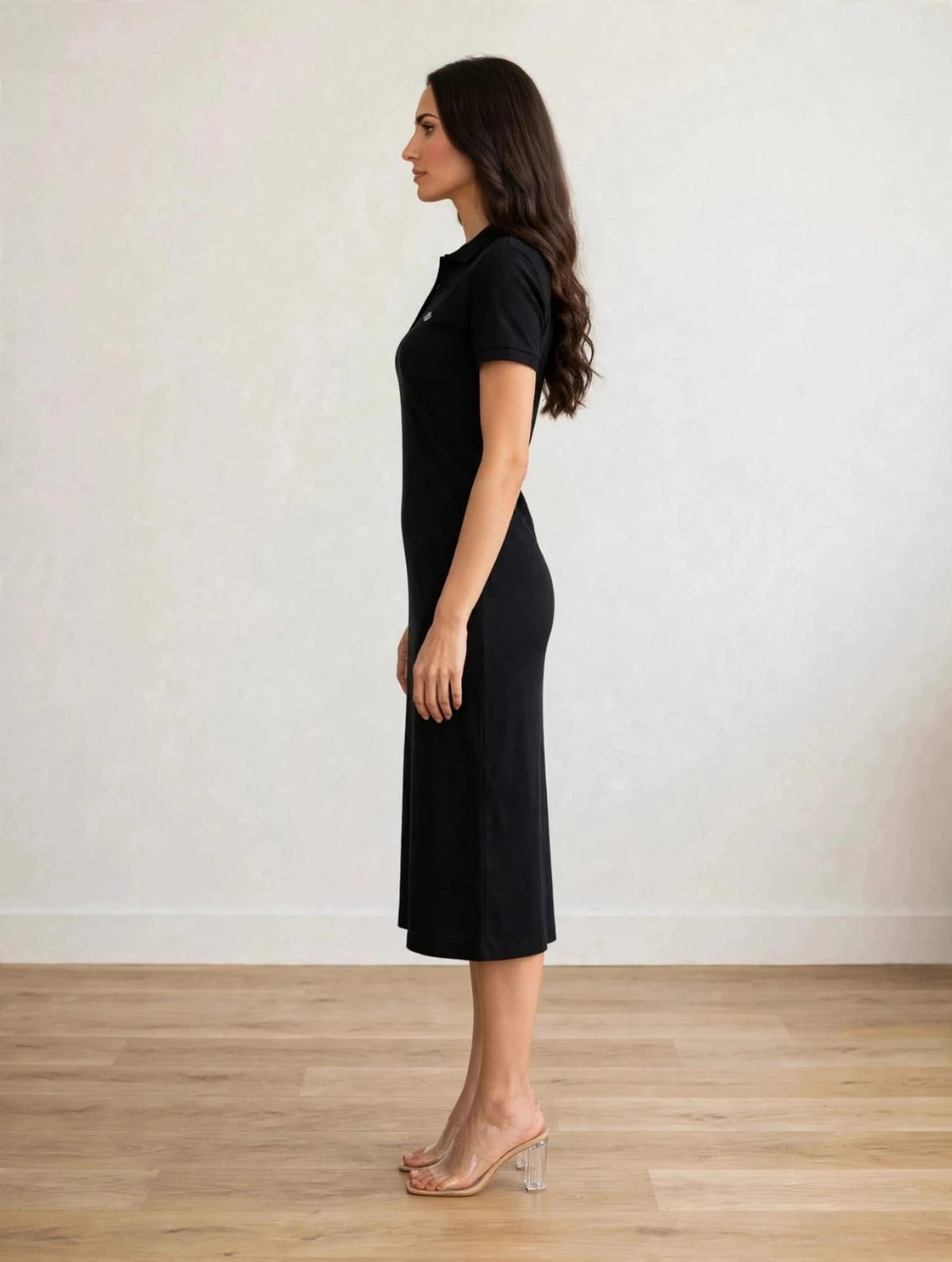 Women’s Black Polo Collar Cotton-Knit Midi Dress