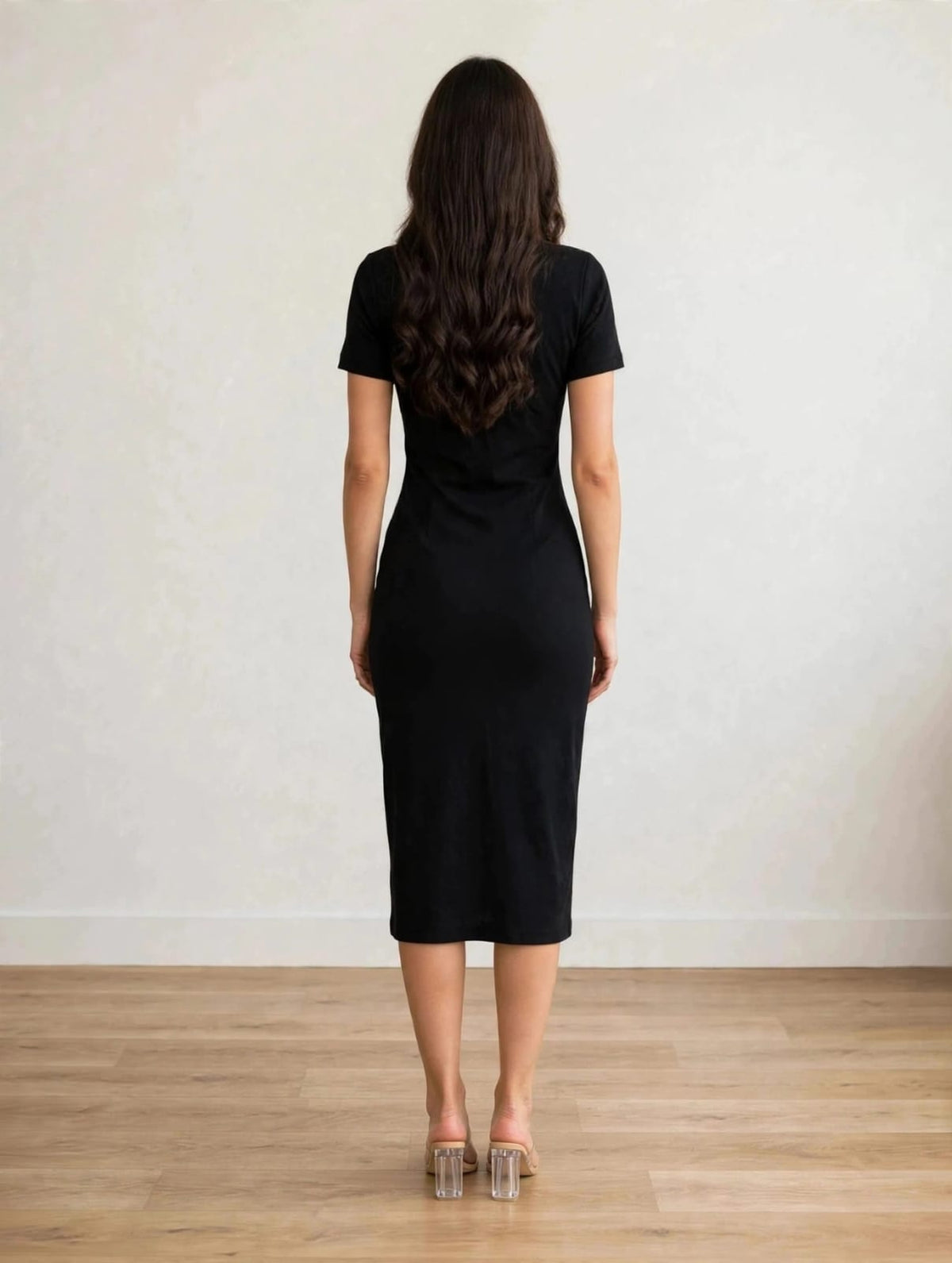 Women’s Black Polo Collar Cotton-Knit Midi Dress