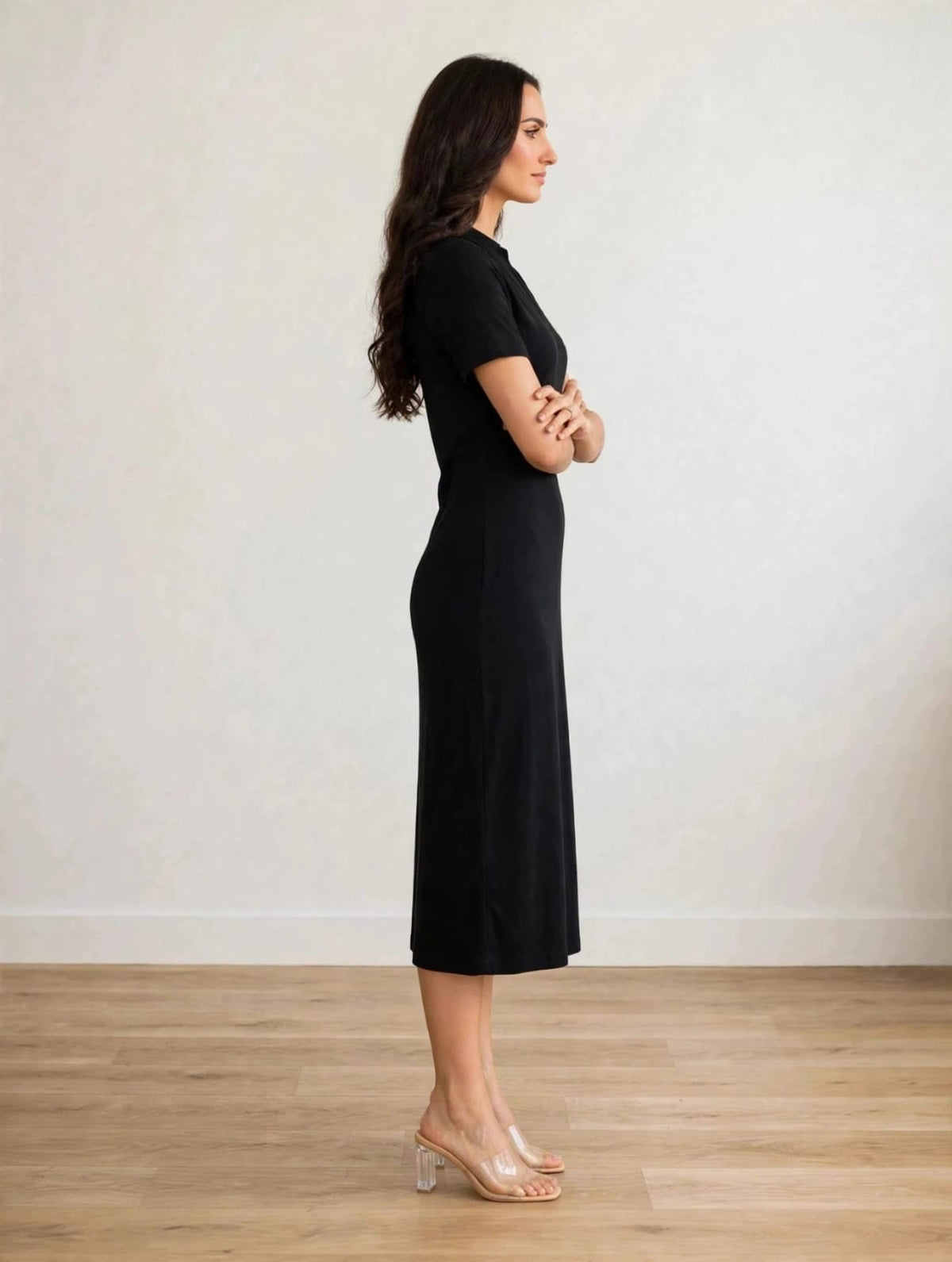 Women’s Black Polo Collar Cotton-Knit Midi Dress