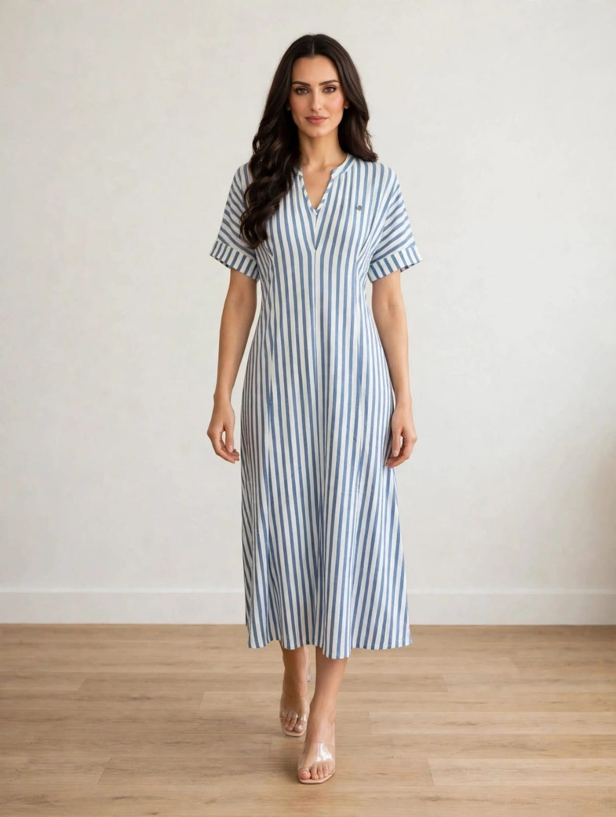 women’s White&  Light Blue Striped Polo Knit Midi Dress