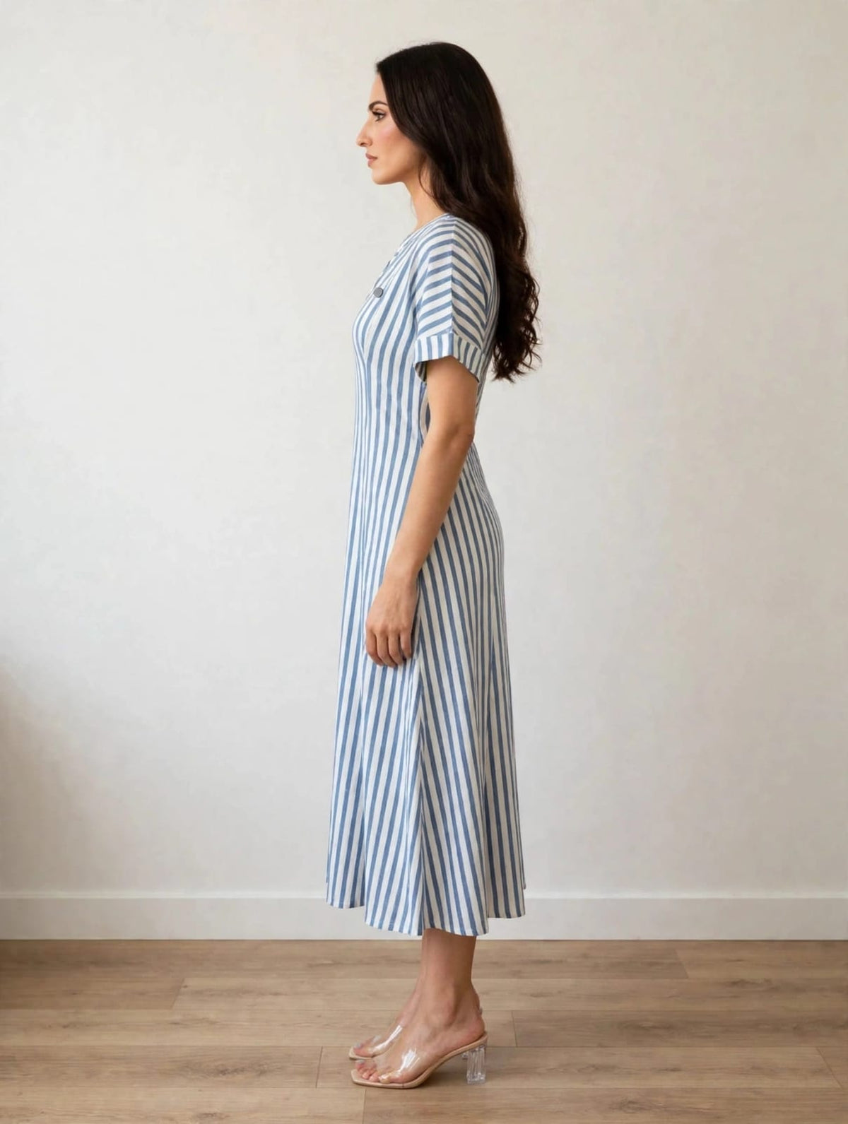 women’s White&  Light Blue Striped Polo Knit Midi Dress