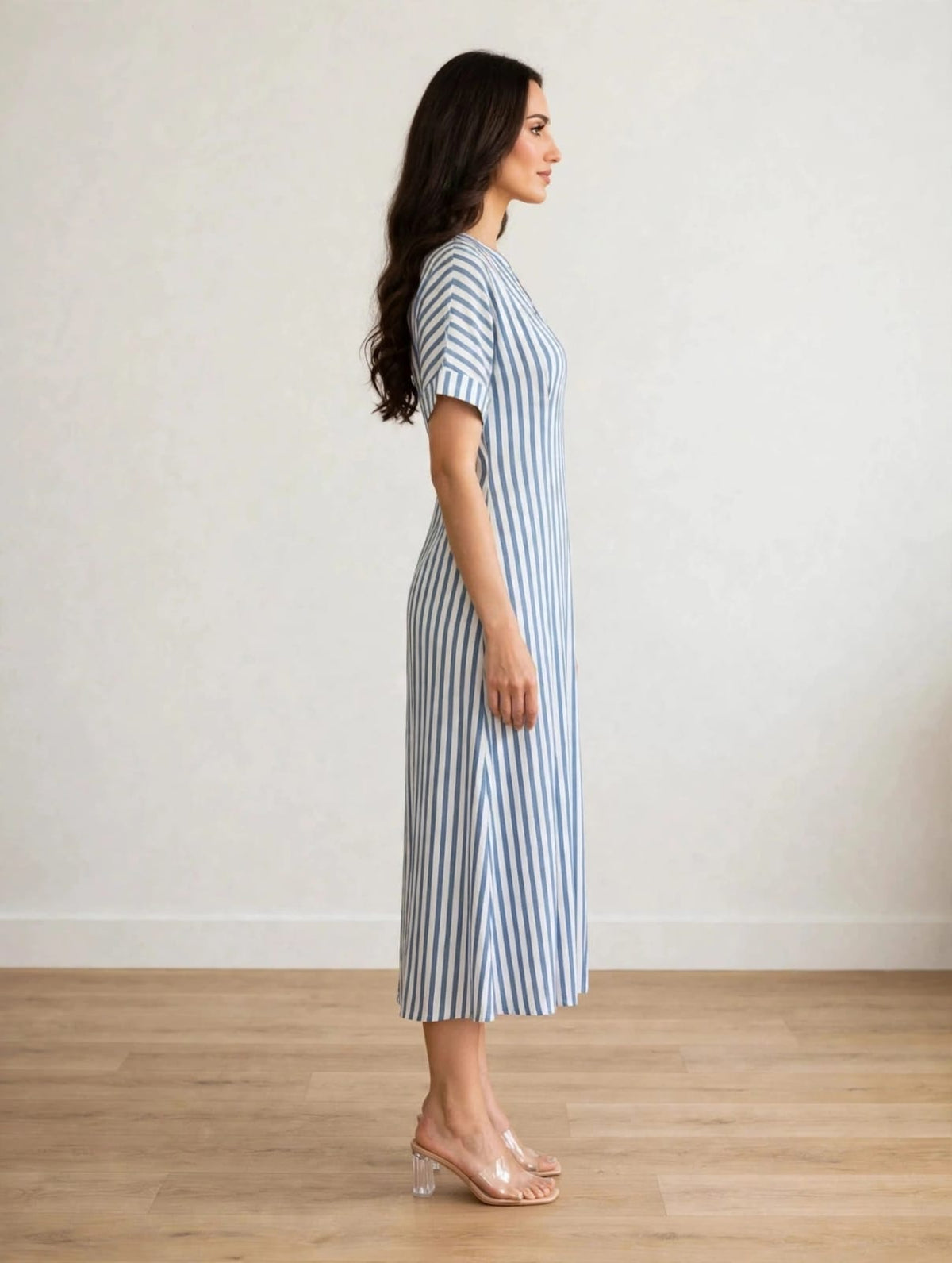 women’s White&  Light Blue Striped Polo Knit Midi Dress