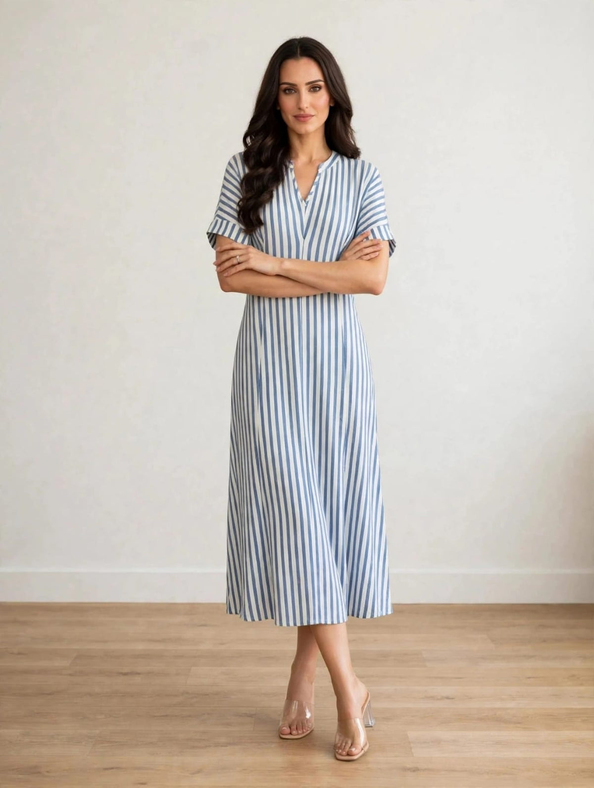 women’s White&  Light Blue Striped Polo Knit Midi Dress