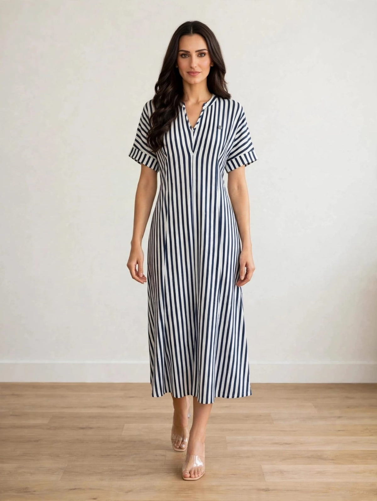 women’s White&  Navy Striped Polo Knit Midi Dress