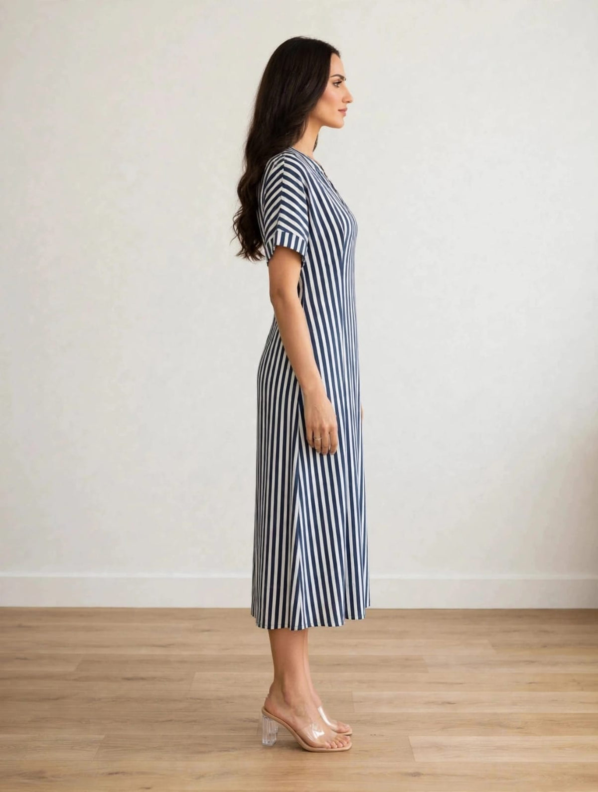women’s White&  Navy Striped Polo Knit Midi Dress