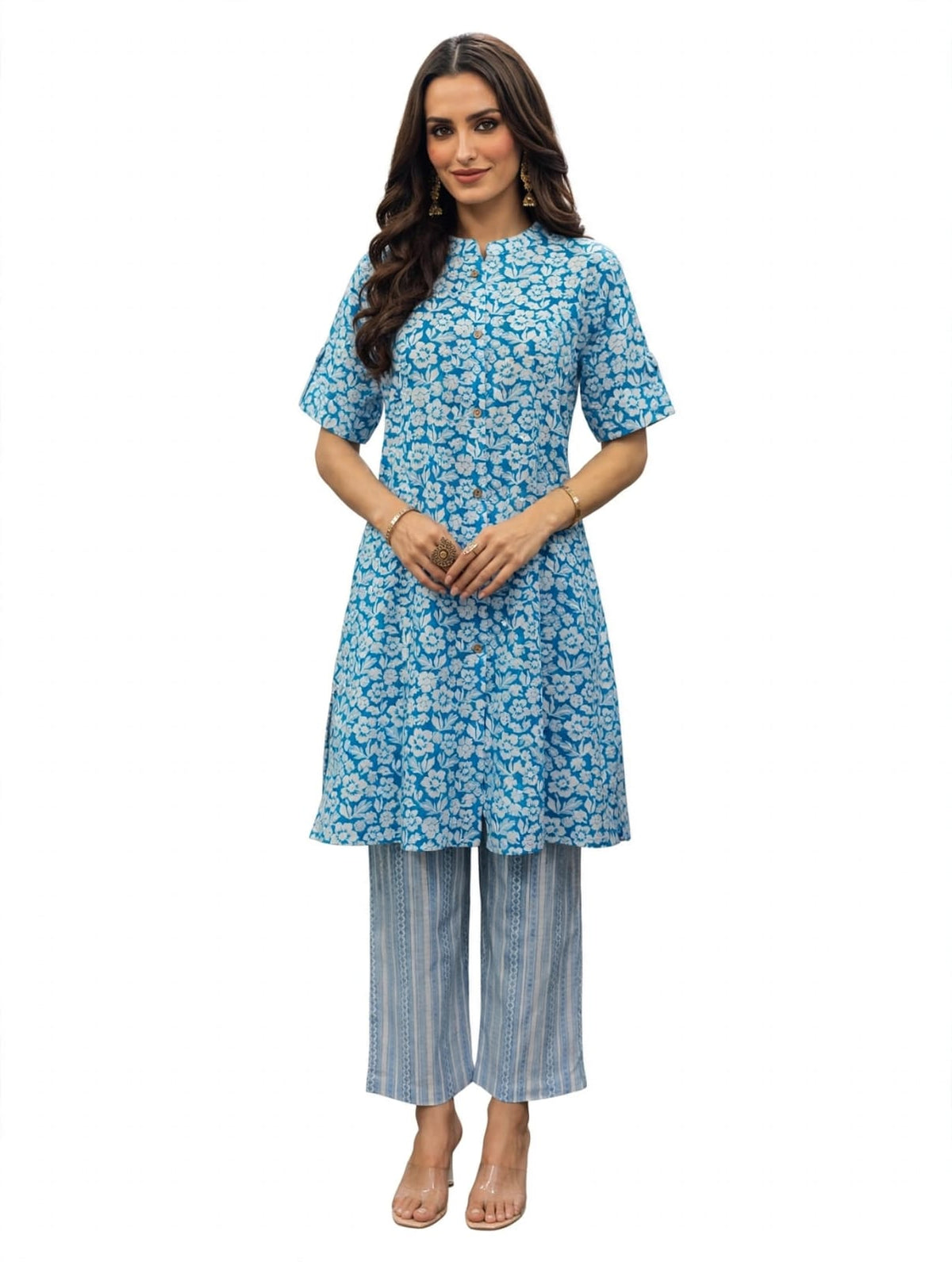 Women’s Cotton Printed Kurta-Set- White- Pink- Print