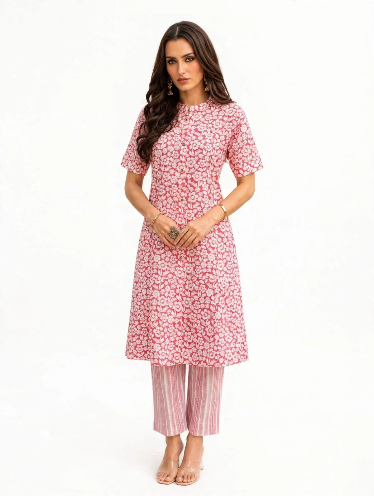 Women’s Cotton Printed Kurta-Set-White- Pink- Print